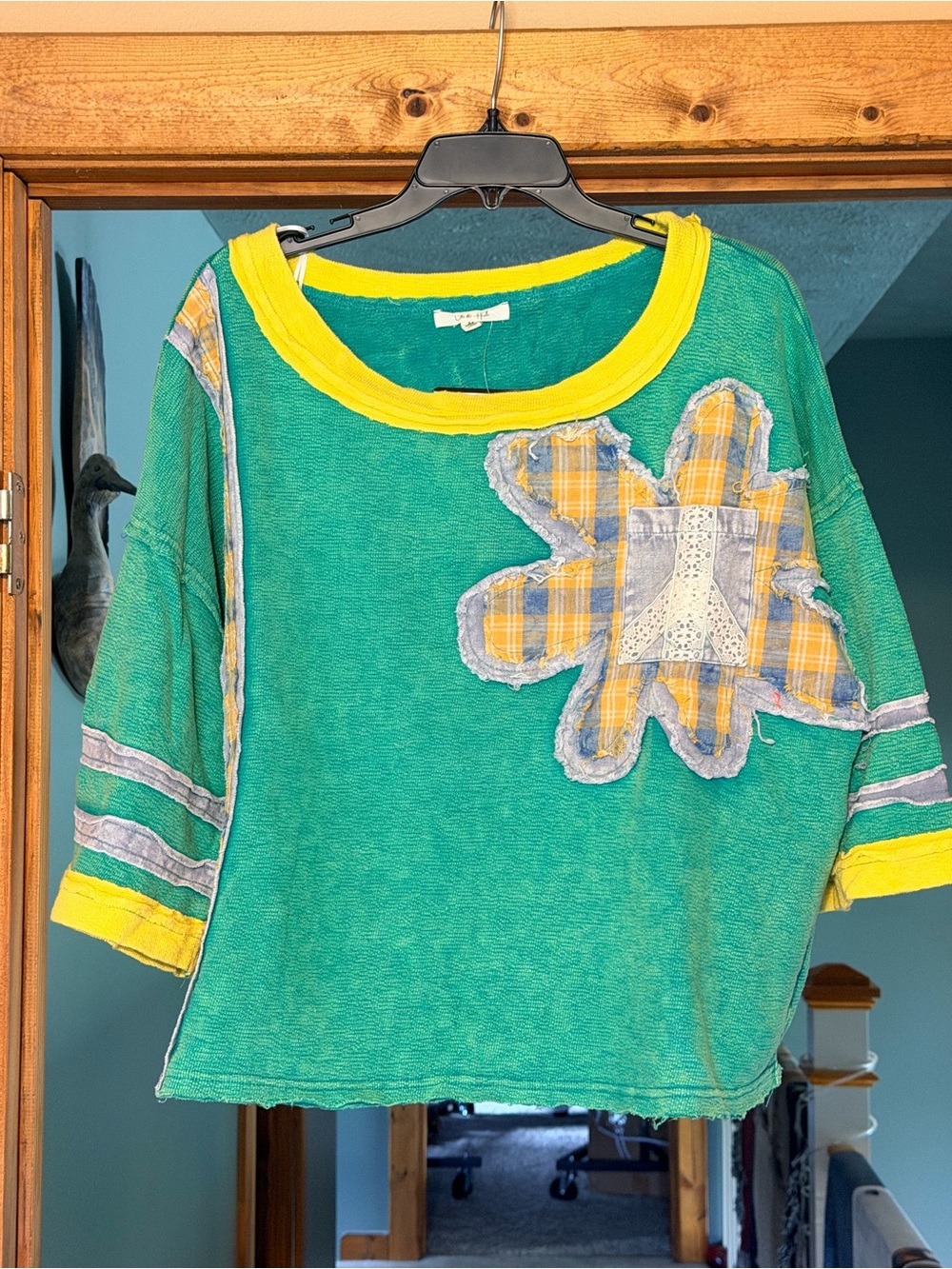 Oli & Hali Green Shirt with Yellow Trim and Plaid Flower Applique